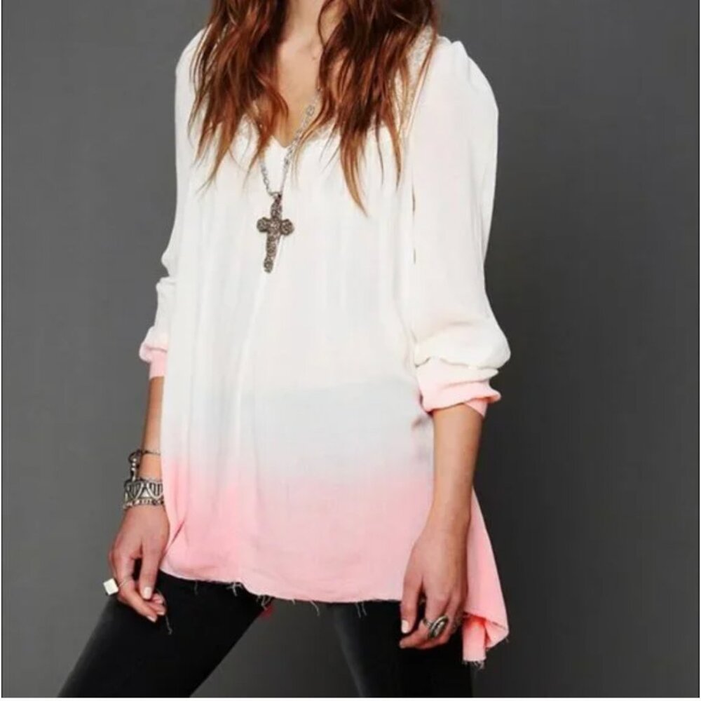 Free People Ombre Pink Oversized Sheer Pullover Blouse Size L Raw Hem Scoop Neck